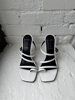 Black Suede Studio White Multi-Strap Square-Toe Heels